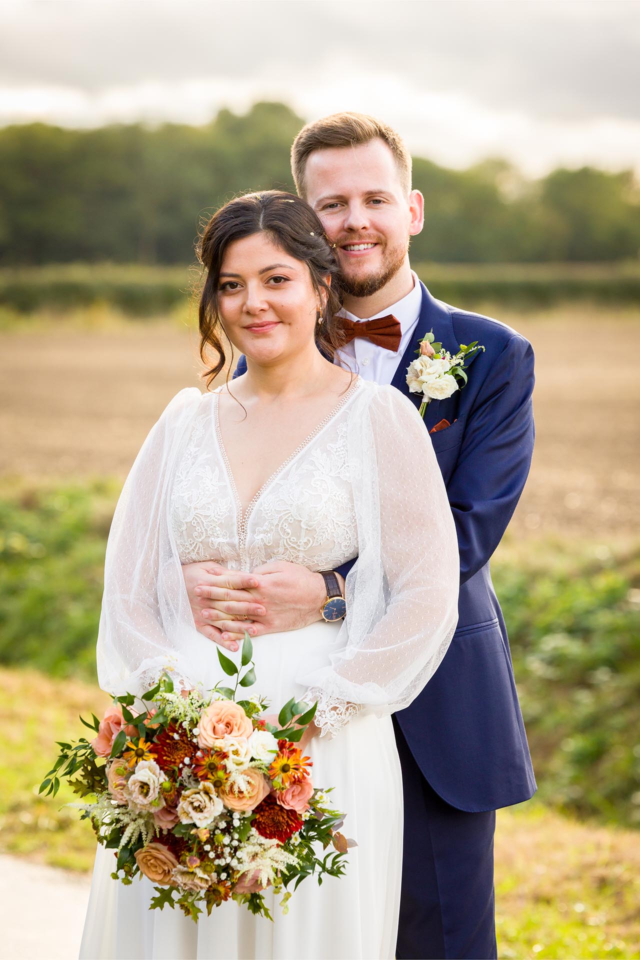Bride and groom portrait by Essex wedding photographer at The Compasses at Pattiswick