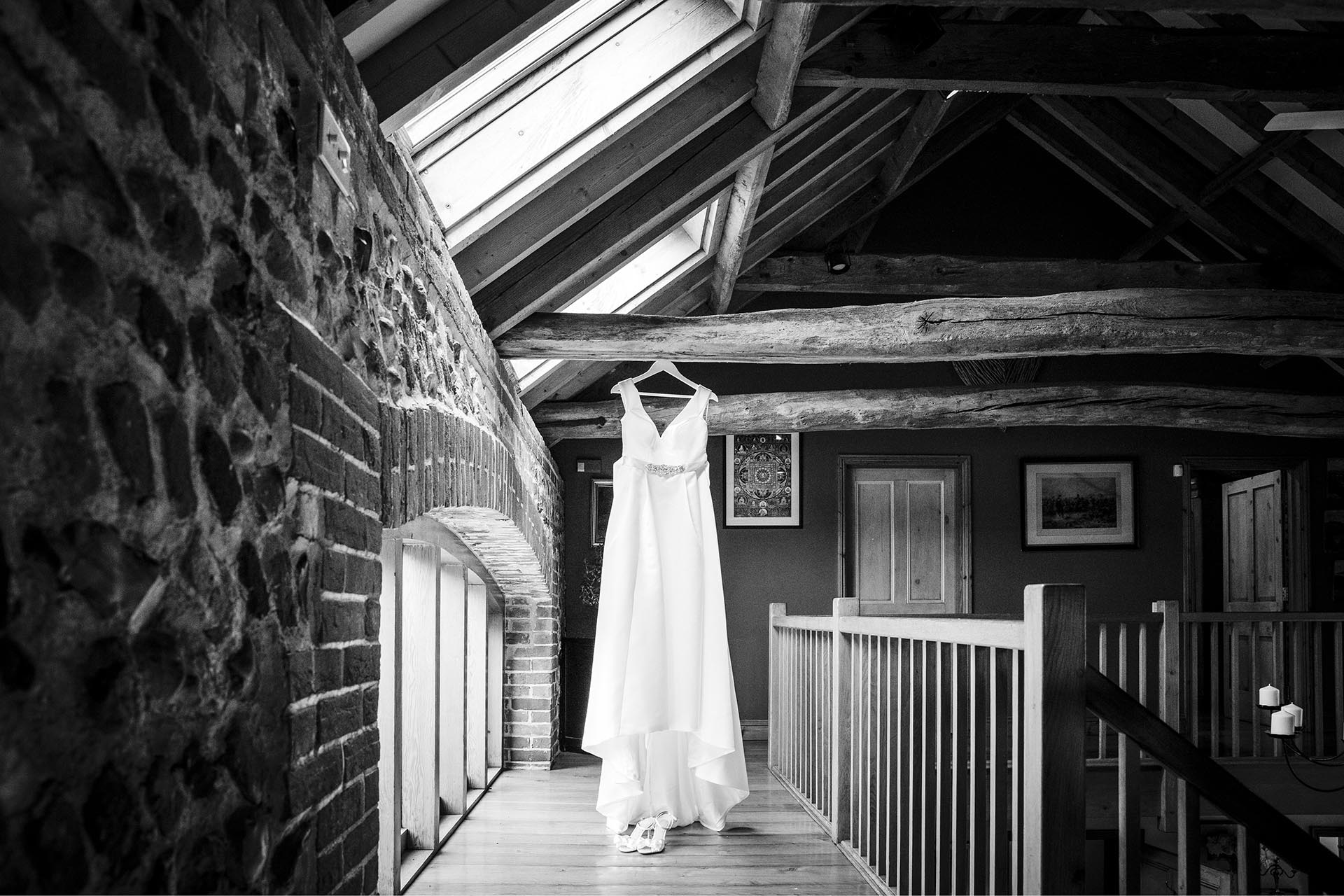 Wedding dress photograph by Essex wedding photographer at Chaucer Barn Norfolk