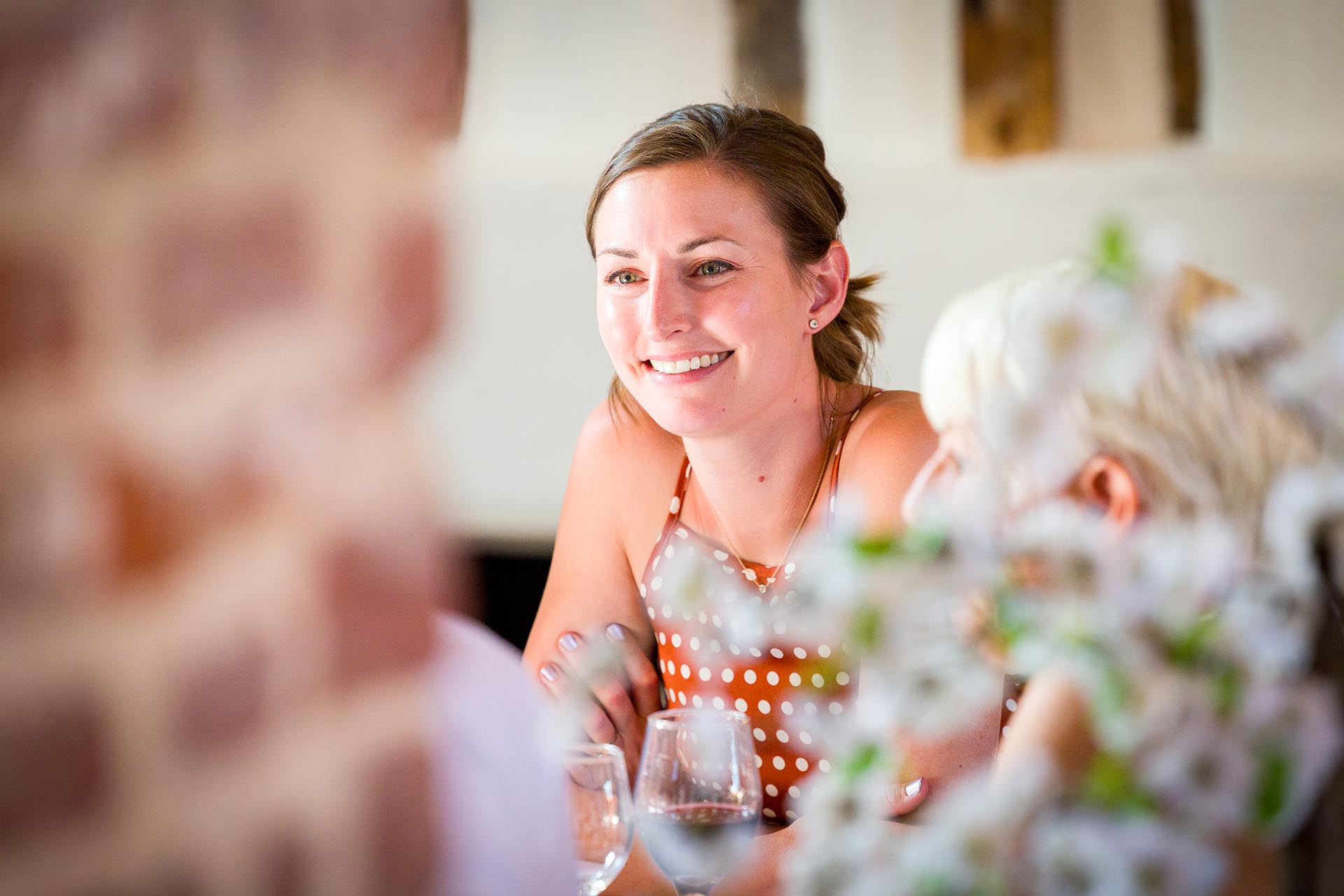 Guests during wedding breakfast at Leez Priory, Great Leighs, Chelmsford, by Essex wedding photographer