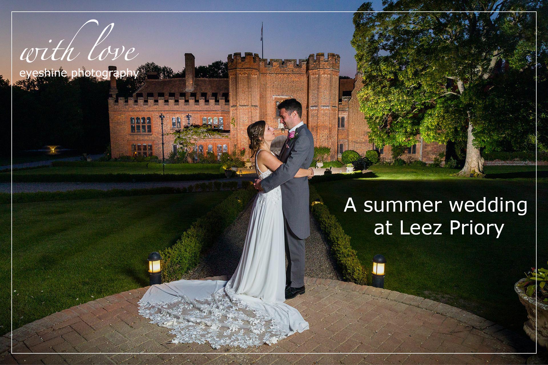 Twilight wedding photograph of bride and groom at Leez Priory, Great Leighs, Chelmsford, Essex