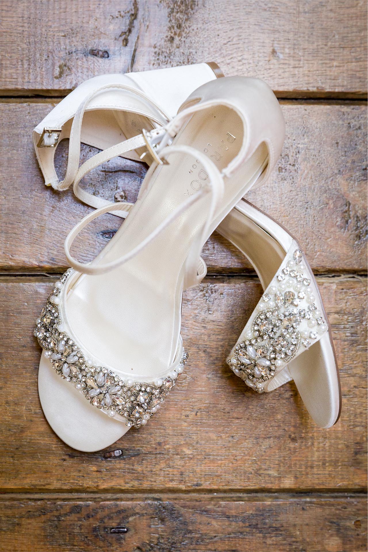 Photograph of the bride's shoes at Apton Hall, Rochford, Essex