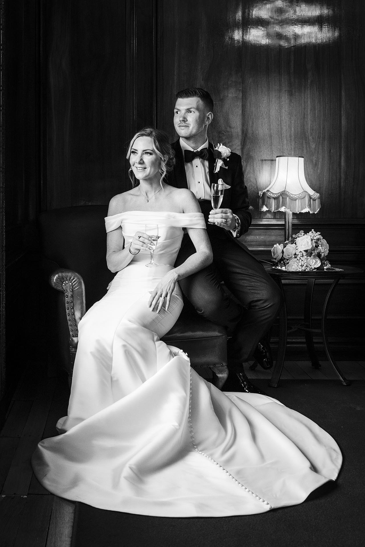 Black and white photograph of the bride and groom at Braintree Town Hall, Braintree, Essex