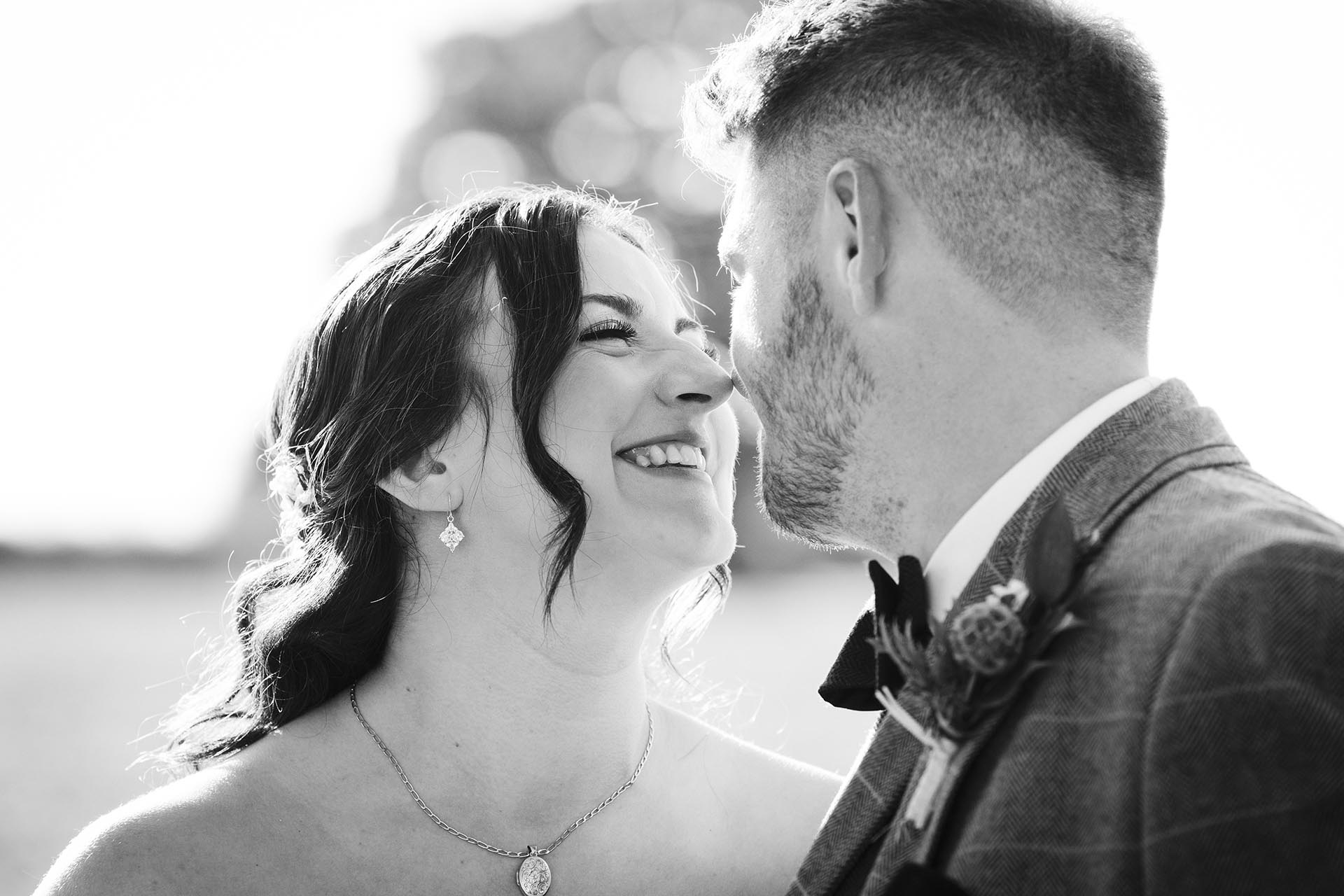 Black and white photograph of bride and groom
