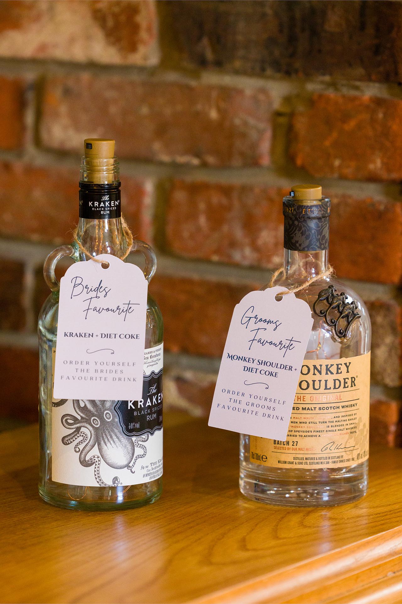 Photograph of bottles containing the bride and grooms favourite drinks