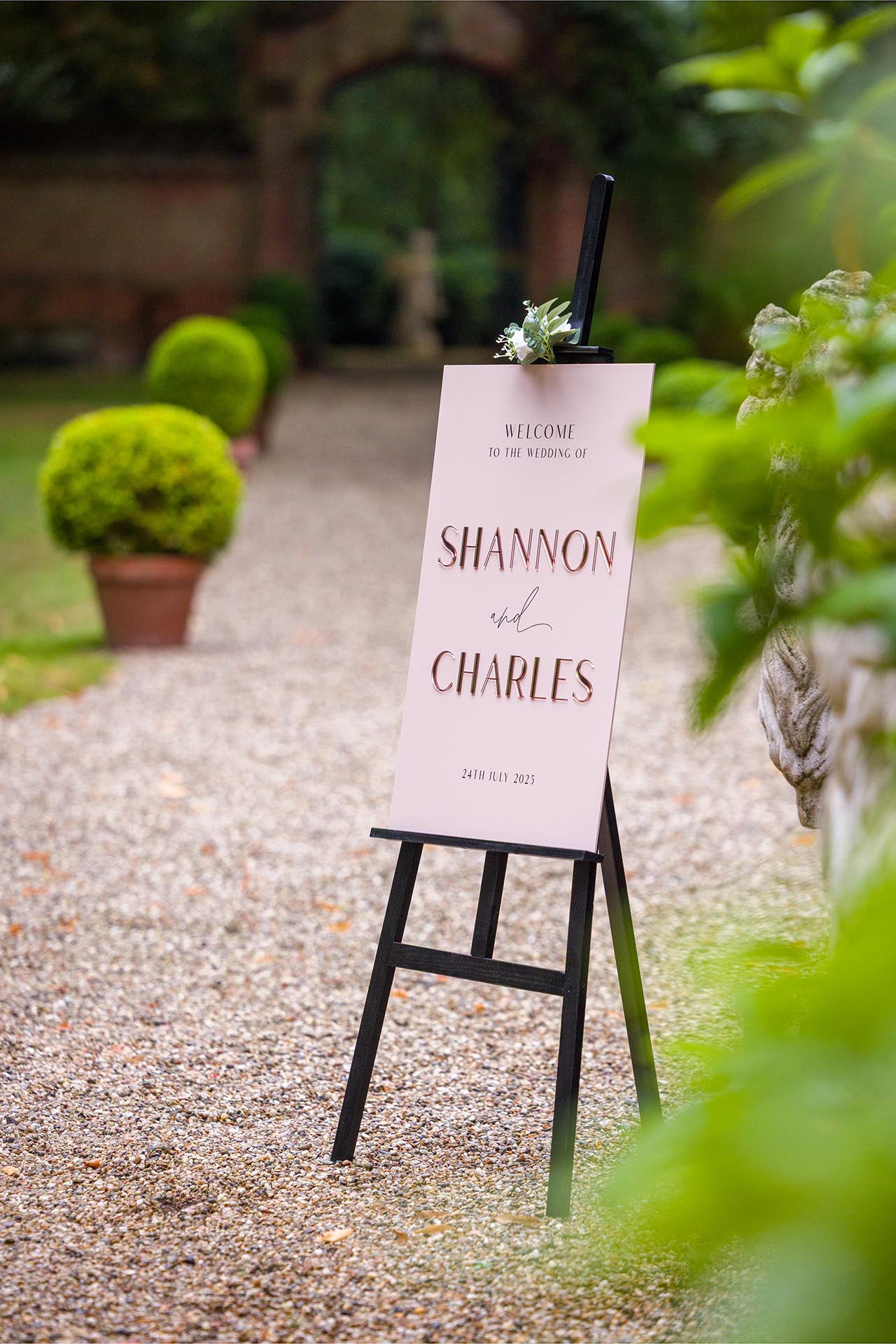 Sign for Shannon & Charles' wedding at Creeksea Place, Burnham-on-Crouch, Essex