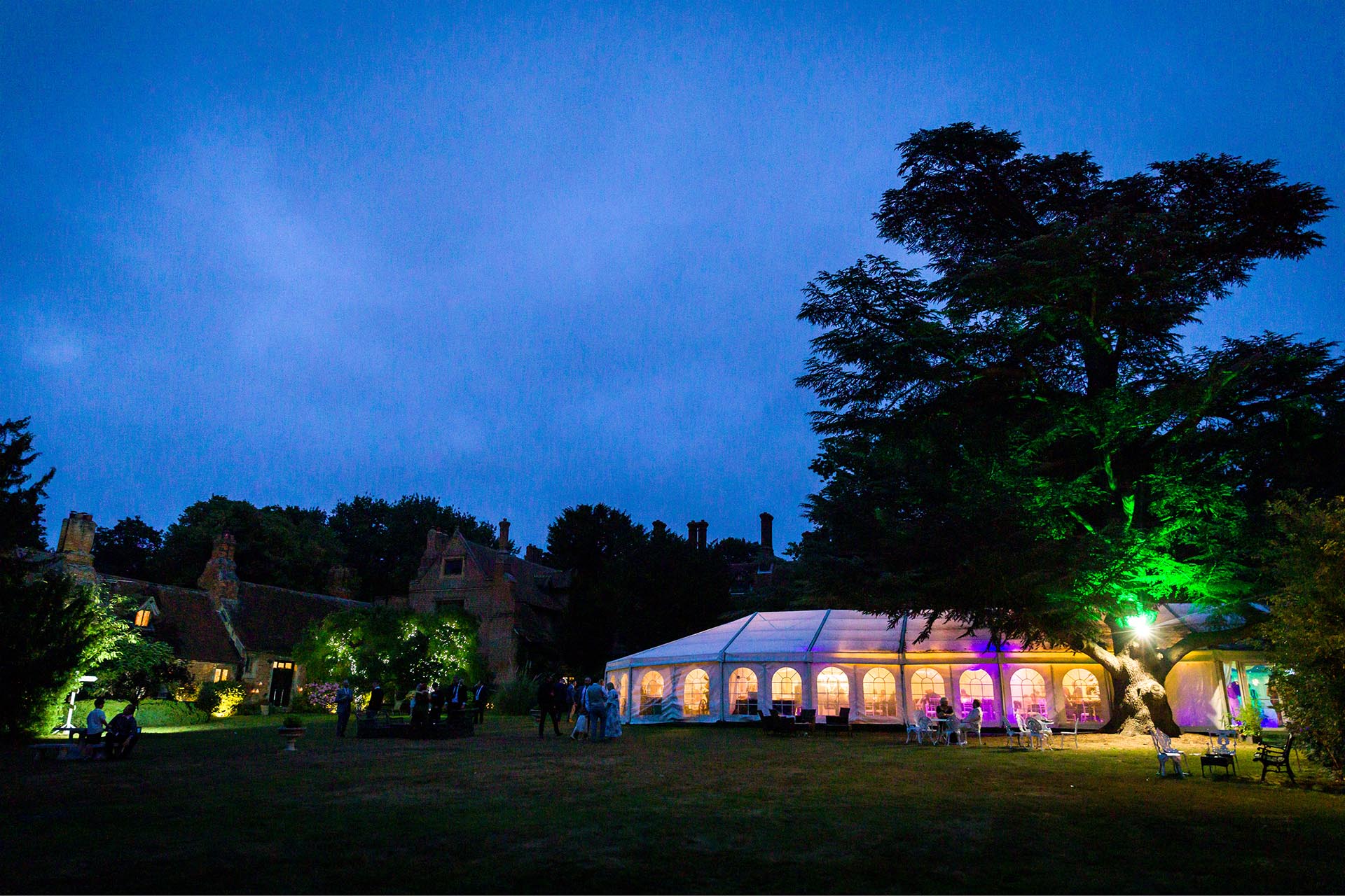 Twilight photograph of marquee at Creeksea Place, Burnham-on-Crouch, Essex
