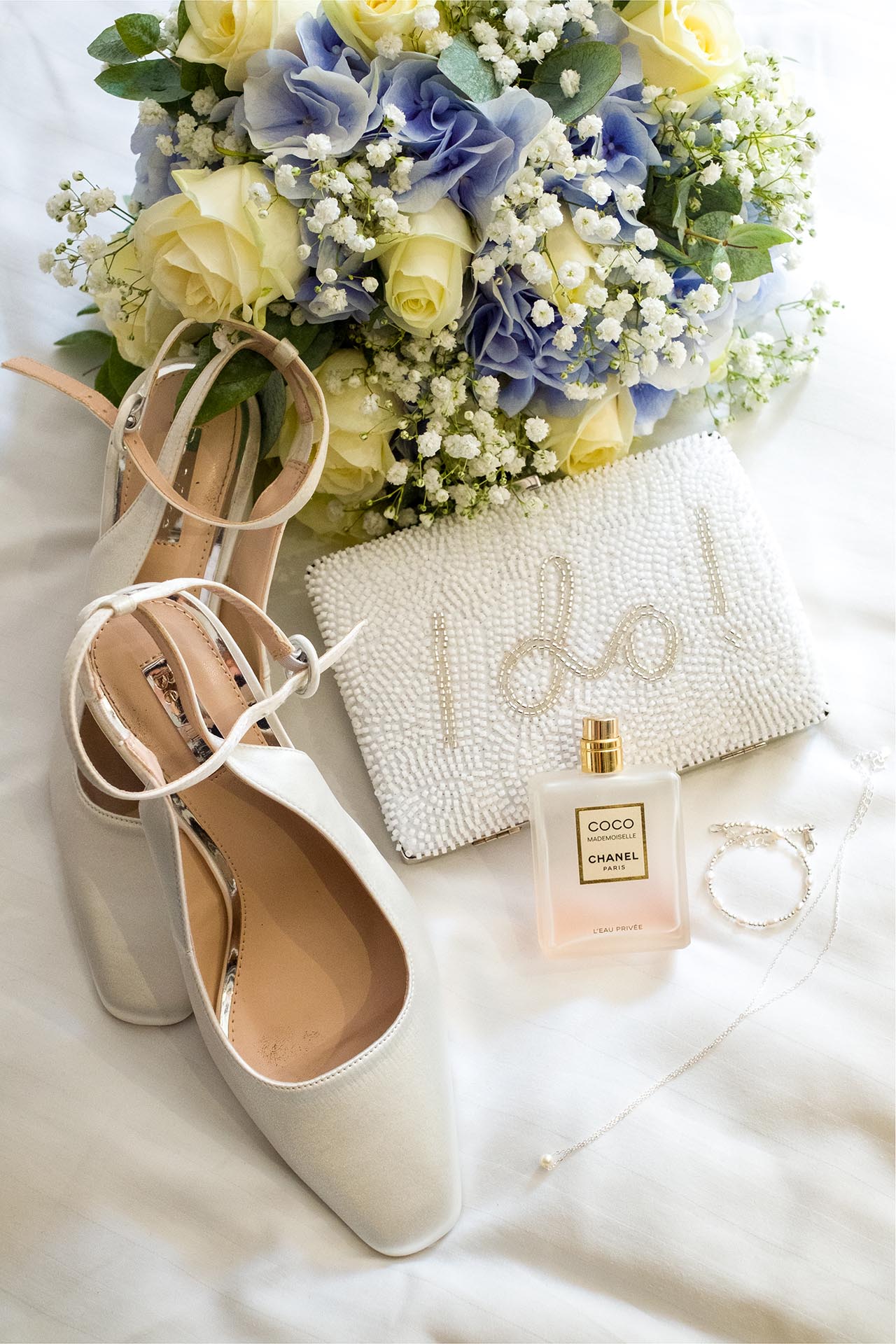 Bridal accories including flowers, shoes, perfume and jewellery