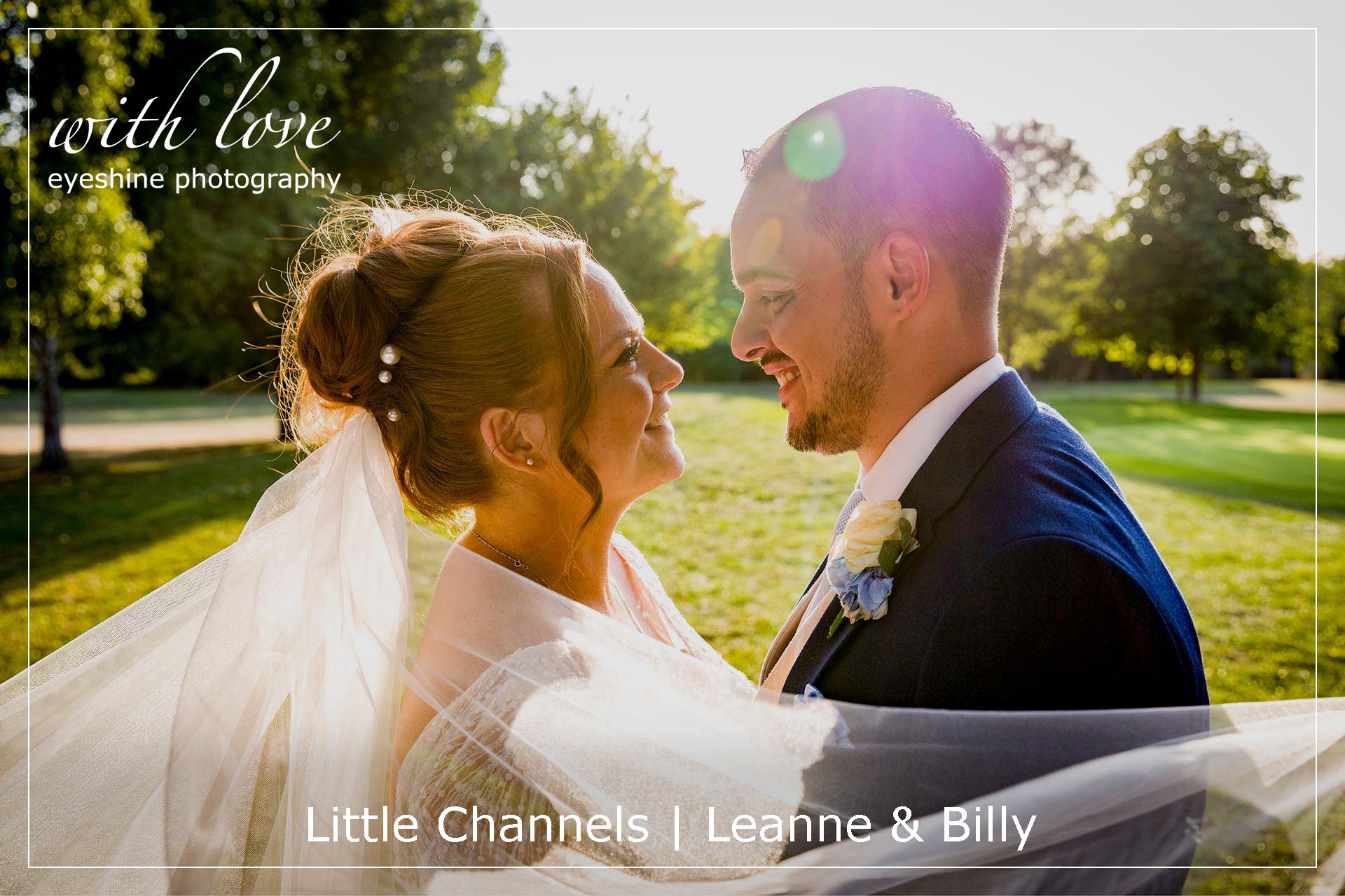 Cover photograph showing the bride and groom looking at each other in the late afternoon sunlight at Little Channels, Essex